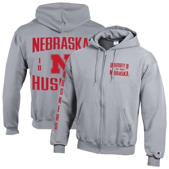 Men's Champion  Heather Gray Nebraska Huskers Varsity Powerblend Full-Zip Fleece Hoodie