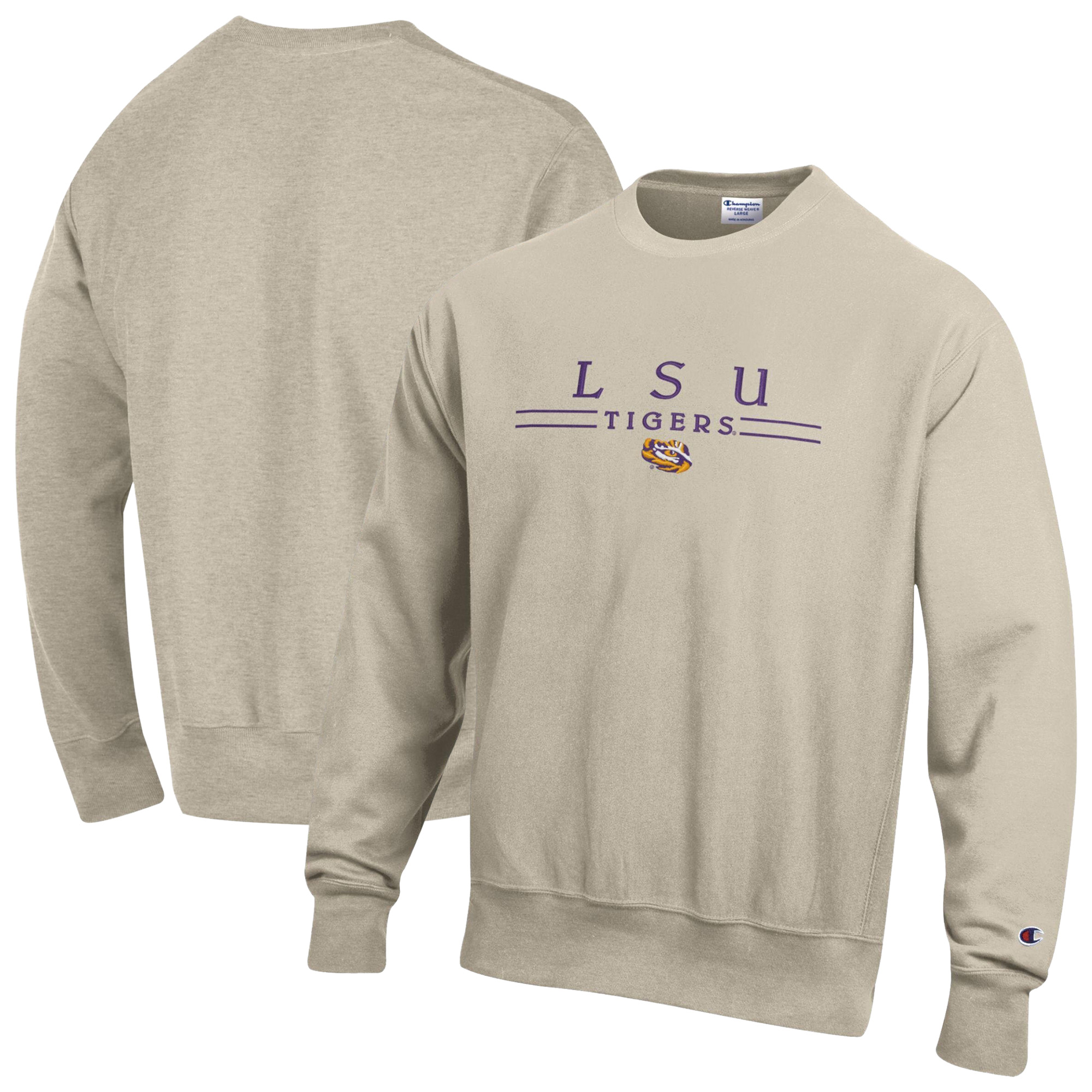 Men’s Champion Oatmeal LSU Tigers Reverse Weave Crewneck Sweatshirt
