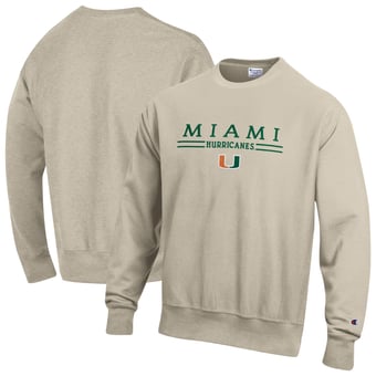 Men's Champion Oatmeal Miami Hurricanes Reverse Weave Crewneck Sweatshirt