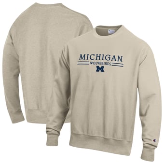 Men's Champion Oatmeal Michigan Wolverines Reverse Weave Crewneck Sweatshirt