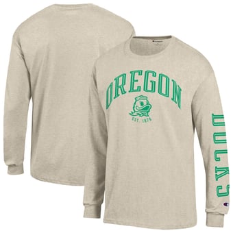 Men's Champion  Heather Oatmeal Oregon Ducks Neutral Arch Long-Sleeve T-Shirt
