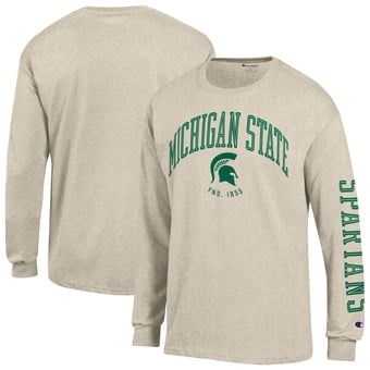 Men's Champion  Heather Oatmeal Michigan State Spartans Neutral Arch Long-Sleeve T-Shirt