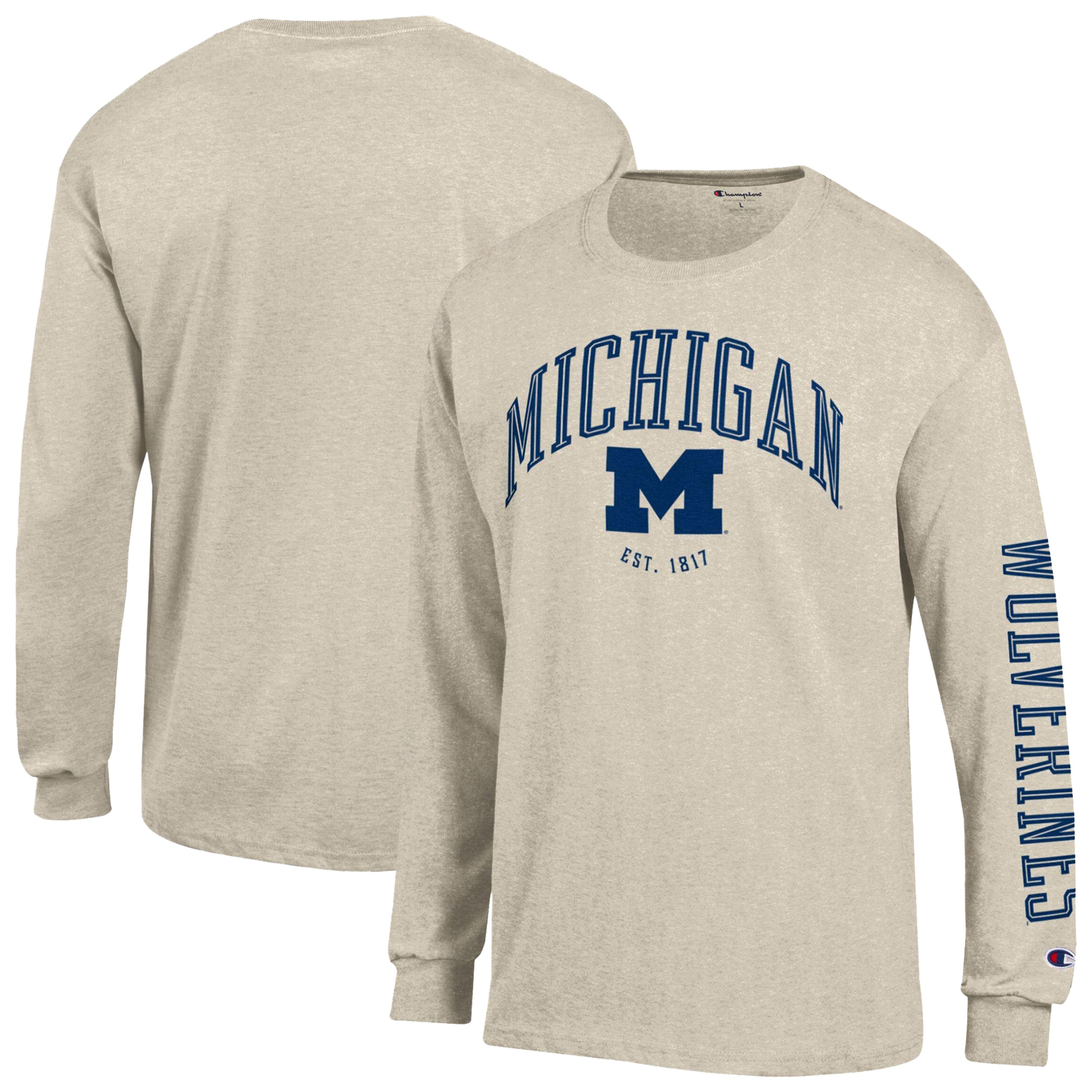 Men's Champion  Heather Oatmeal Michigan Wolverines Neutral Arch Long-Sleeve T-Shirt