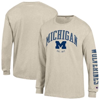 Men's Champion  Heather Oatmeal Michigan Wolverines Neutral Arch Long-Sleeve T-Shirt