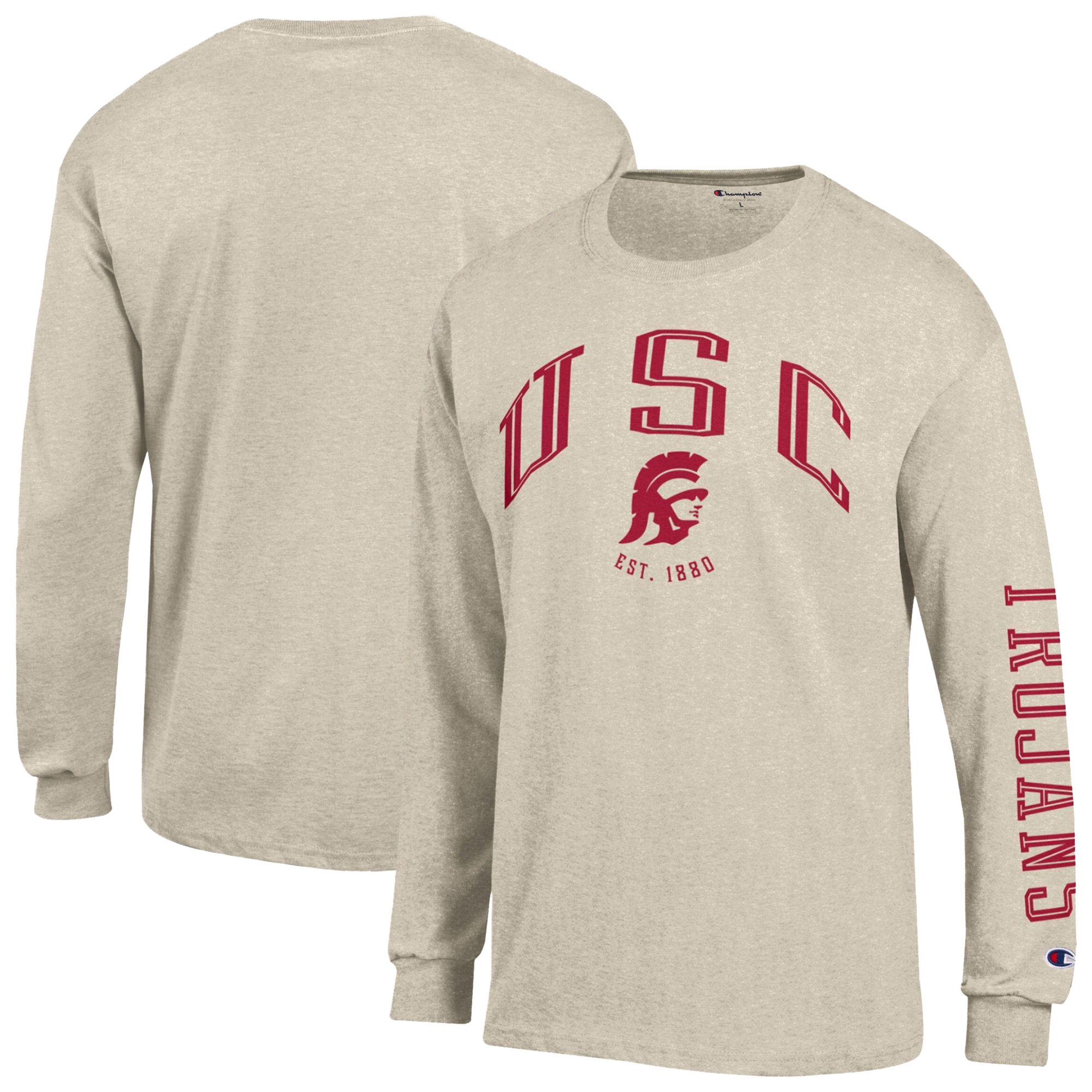 Men's Champion  Heather Oatmeal USC Trojans Neutral Arch Long-Sleeve T-Shirt