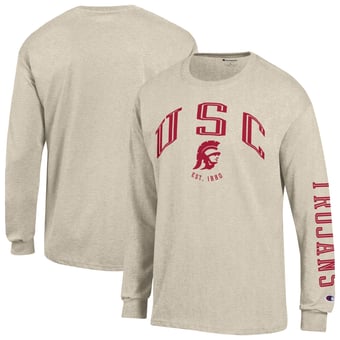 Men's Champion  Heather Oatmeal USC Trojans Neutral Arch Long-Sleeve T-Shirt