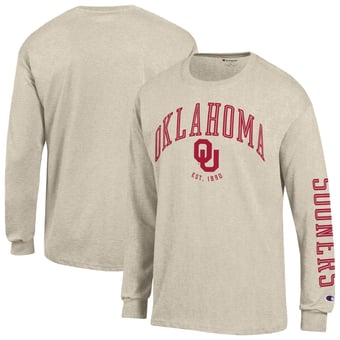 Men's Champion  Heather Oatmeal Oklahoma Sooners Neutral Arch Long-Sleeve T-Shirt