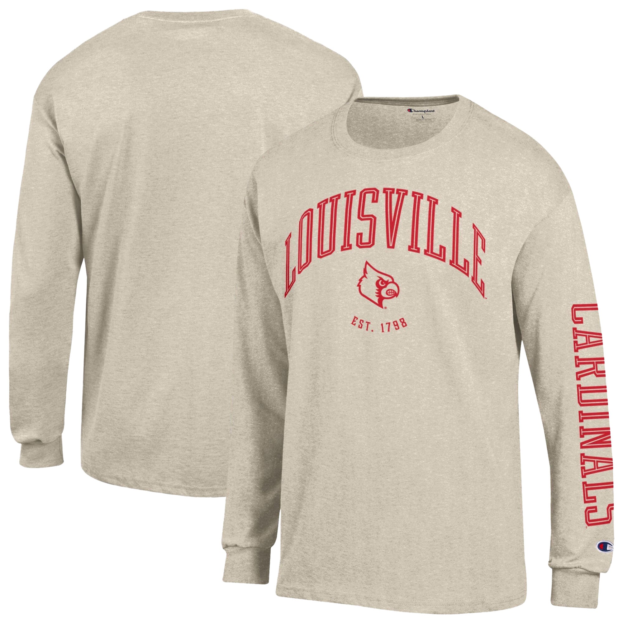 Men's Champion  Heather Oatmeal Louisville Cardinals Neutral Arch Long-Sleeve T-Shirt