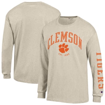 Men's Champion  Heather Oatmeal Clemson Tigers Neutral Arch Long-Sleeve T-Shirt