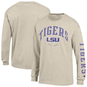 Men's Champion  Heather Oatmeal LSU Tigers Neutral Arch Long-Sleeve T-Shirt