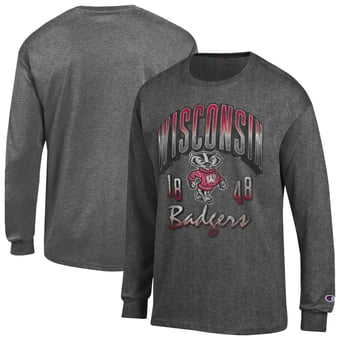 Men's Champion  Heather Charcoal Wisconsin Badgers Bold Long-Sleeve T-Shirt