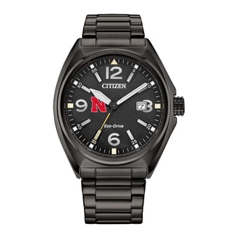 Men's Citizen Watch Black Nebraska Huskers Eco-Drive Sport Casual Stainless Steel Black Dial Bracelet Watch