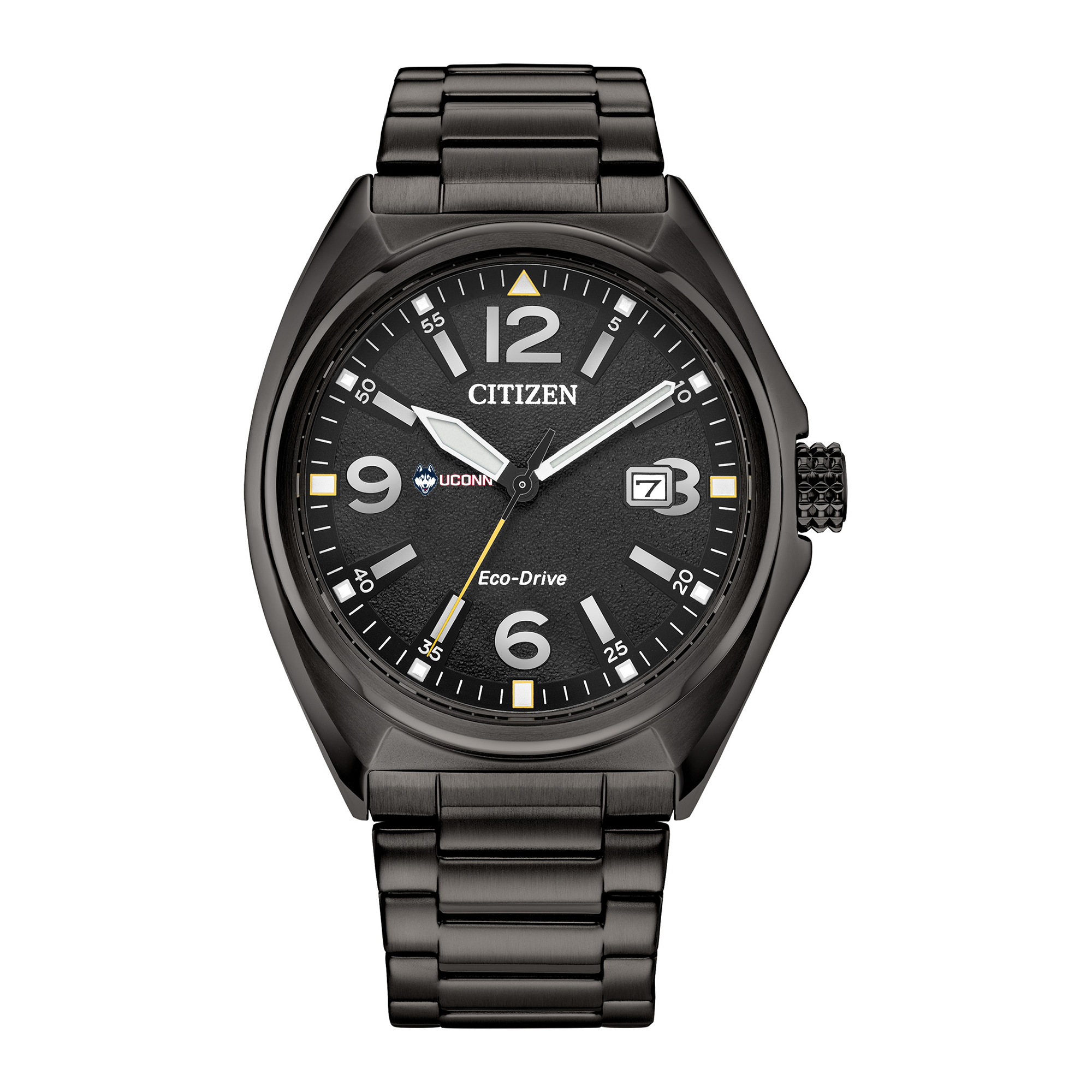 Men's Citizen Watch Black UConn Huskies Eco-Drive Sport Casual Stainless Steel Black Dial Bracelet Watch