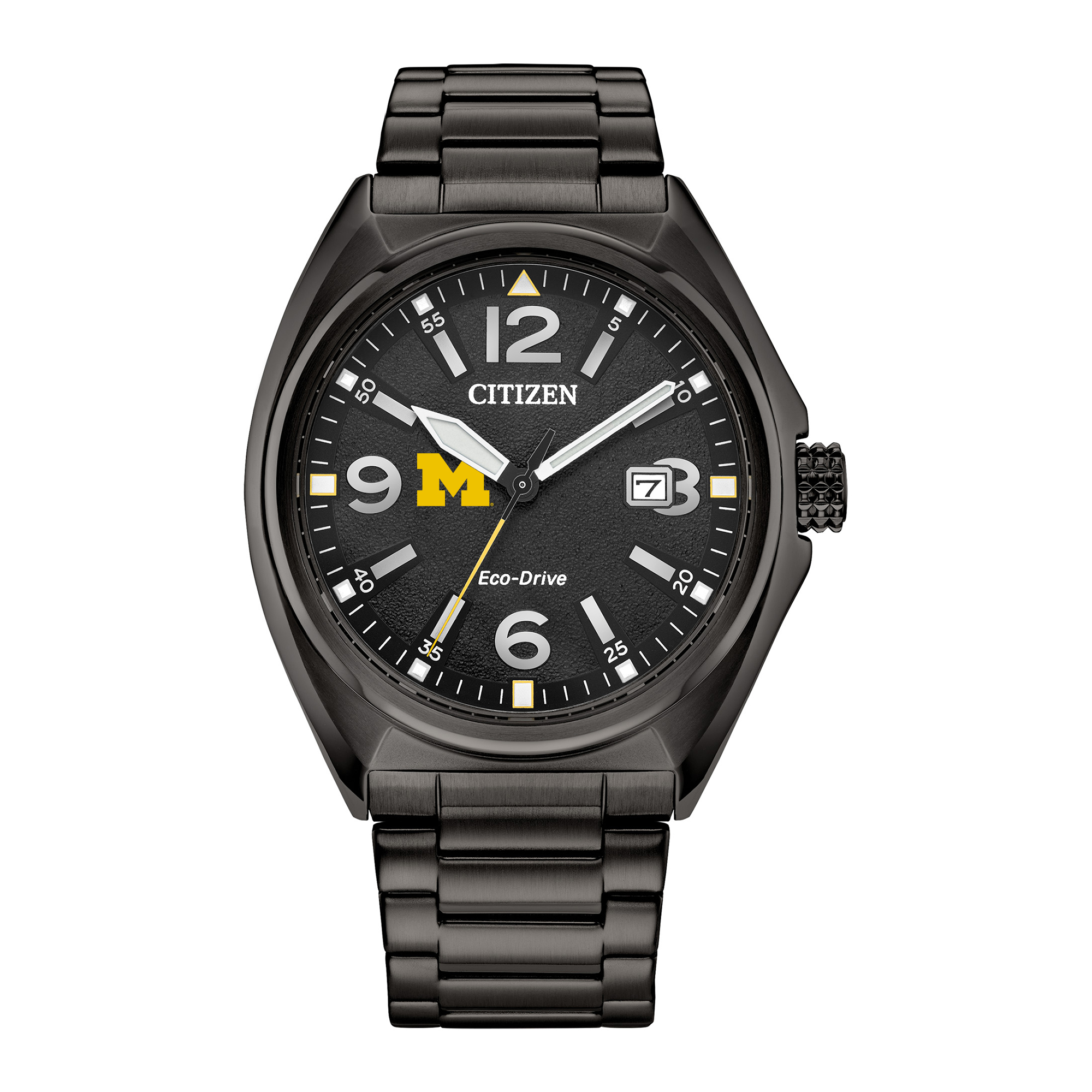 Men's Citizen Watch Black Michigan Wolverines Eco-Drive Sport Casual Stainless Steel Black Dial Bracelet Watch
