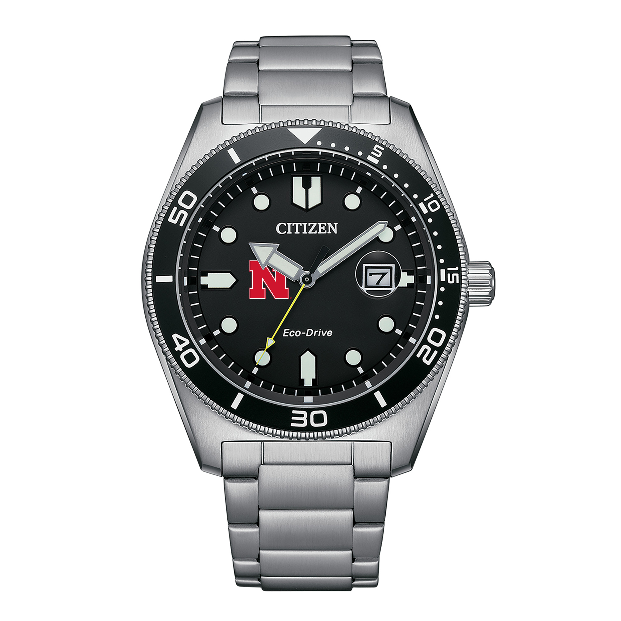 Men's Citizen Watch Silver Nebraska Huskers Eco-Drive Sport Casual Stainless Black Dial Steel Watch