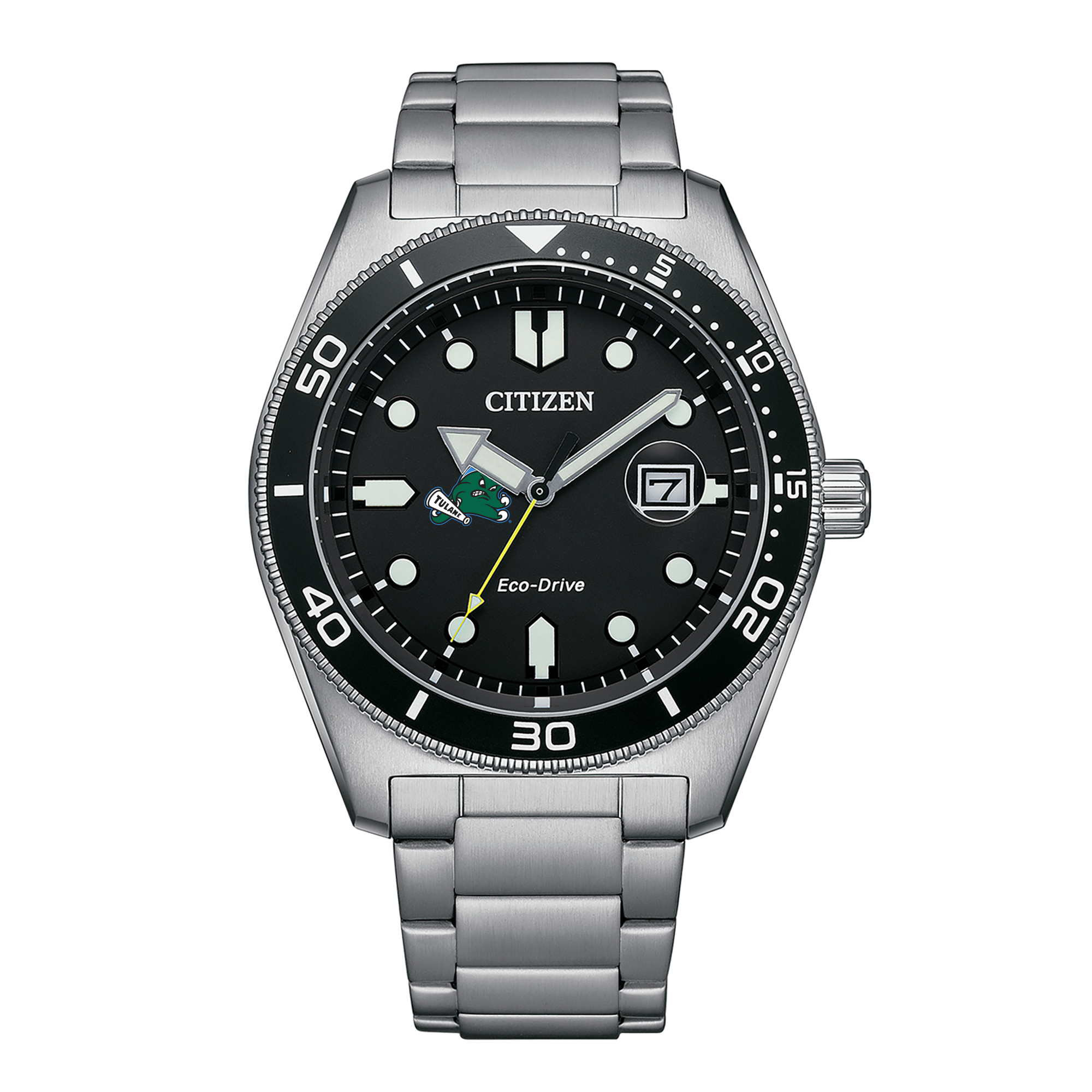 Men's Citizen Watch Silver Tulane Green Wave Eco-Drive Sport Casual Stainless Black Dial Steel Watch