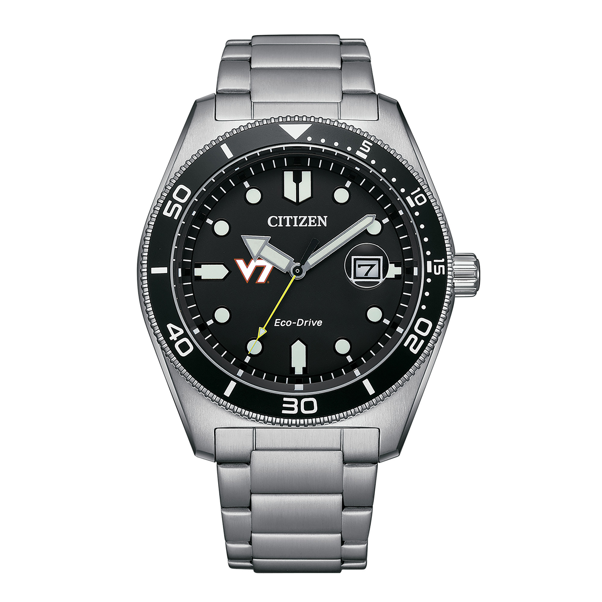 Men's Citizen Watch Silver Virginia Tech Hokies Eco-Drive Sport Casual Stainless Black Dial Steel Watch