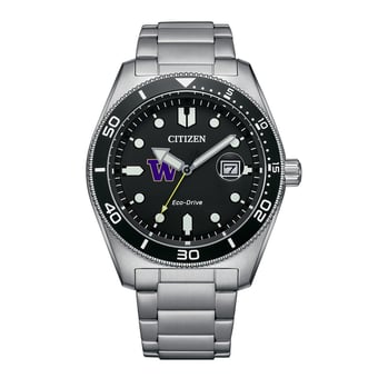 Men's Citizen Watch Silver Washington Huskies Eco-Drive Sport Casual Stainless Black Dial Steel Watch