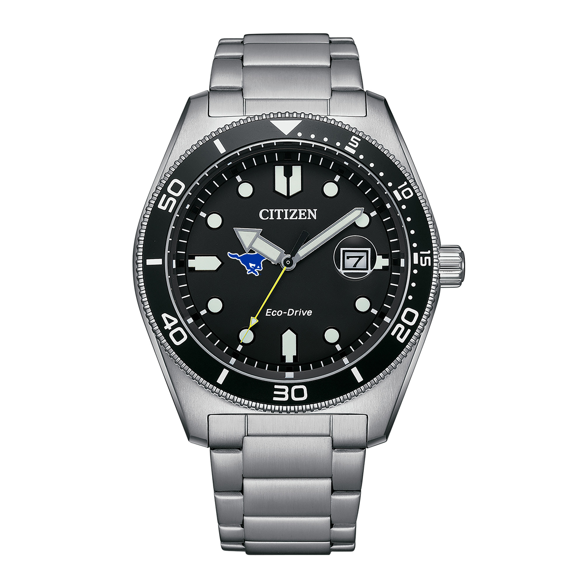 Men's Citizen Watch Silver SMU Mustangs Eco-Drive Sport Casual Stainless Black Dial Steel Watch