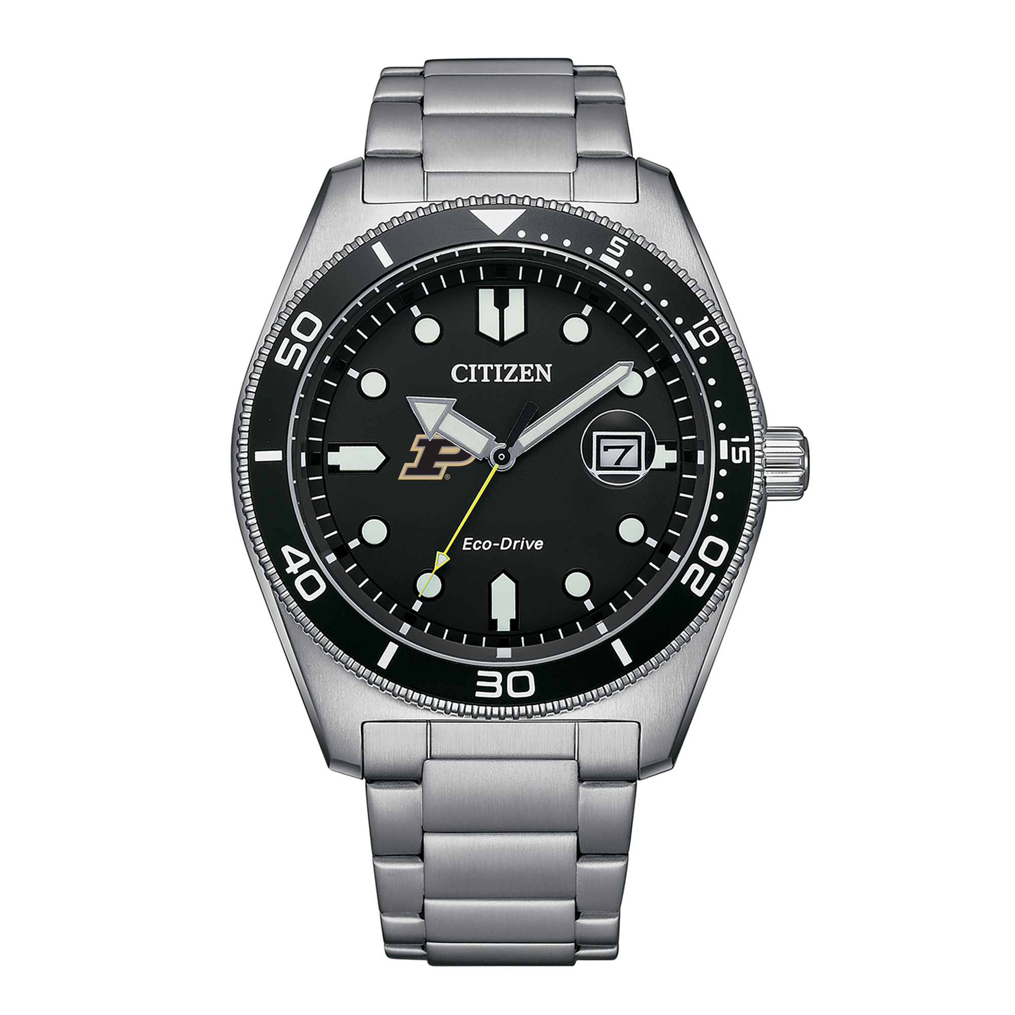 Men's Citizen Watch Silver Purdue Boilermakers Eco-Drive Sport Casual Stainless Black Dial Steel Watch