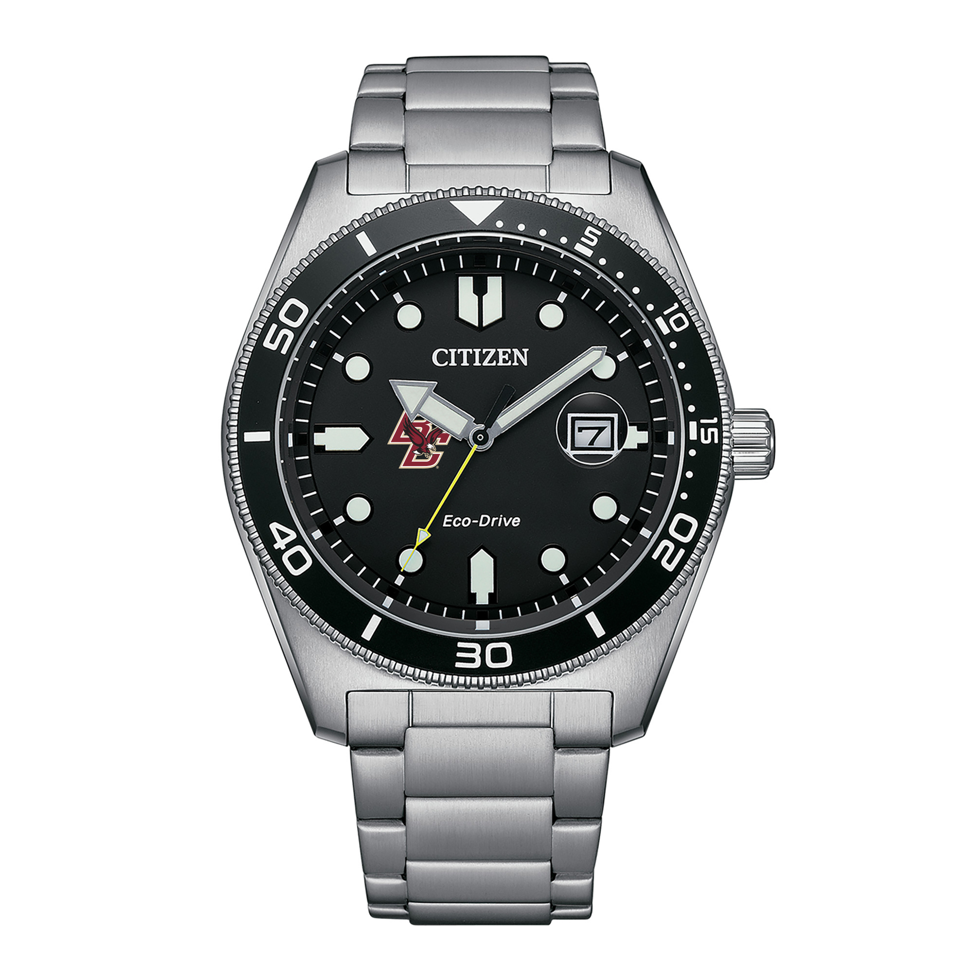 Men's Citizen Watch Silver Boston College Eagles Eco-Drive Sport Casual Stainless Black Dial Steel Watch