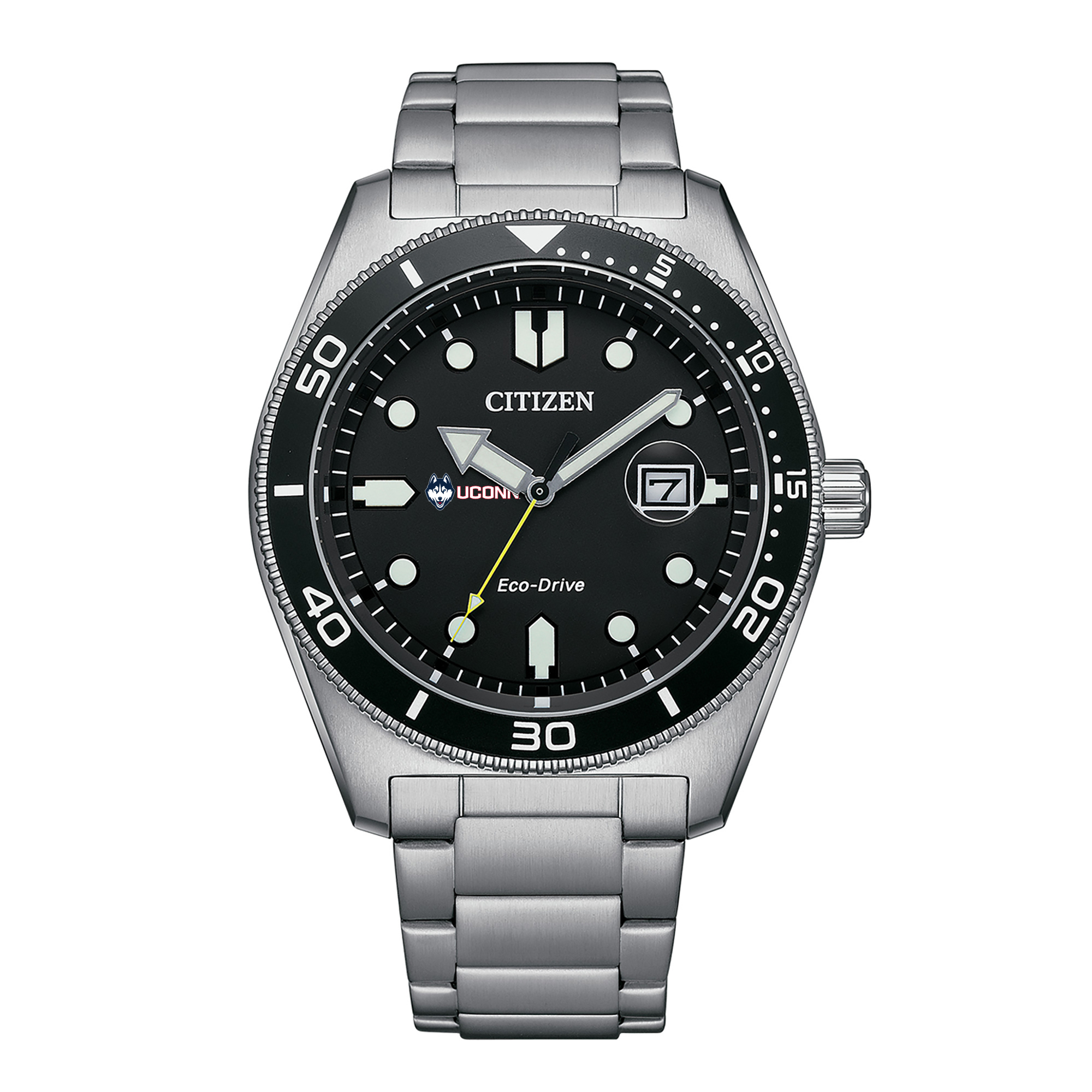 Men's Citizen Watch Silver UConn Huskies Eco-Drive Sport Casual Stainless Black Dial Steel Watch