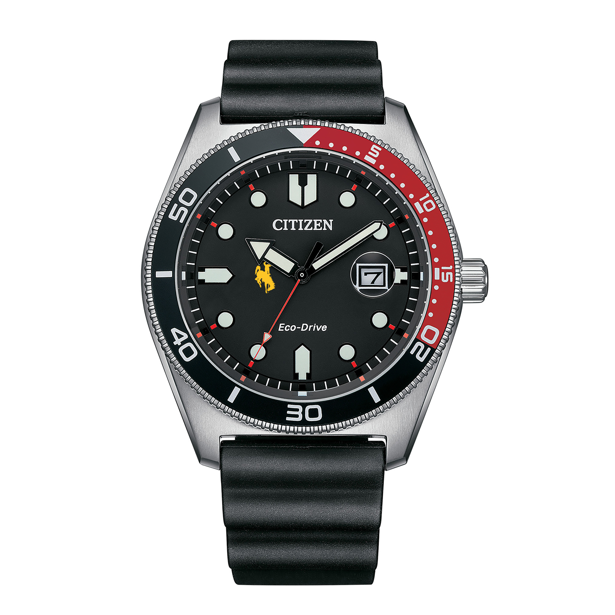 Men's Citizen Watch Black Wyoming Cowboys Eco-Drive Sport Casual Black Dial Watch w/Polyurethane Strap