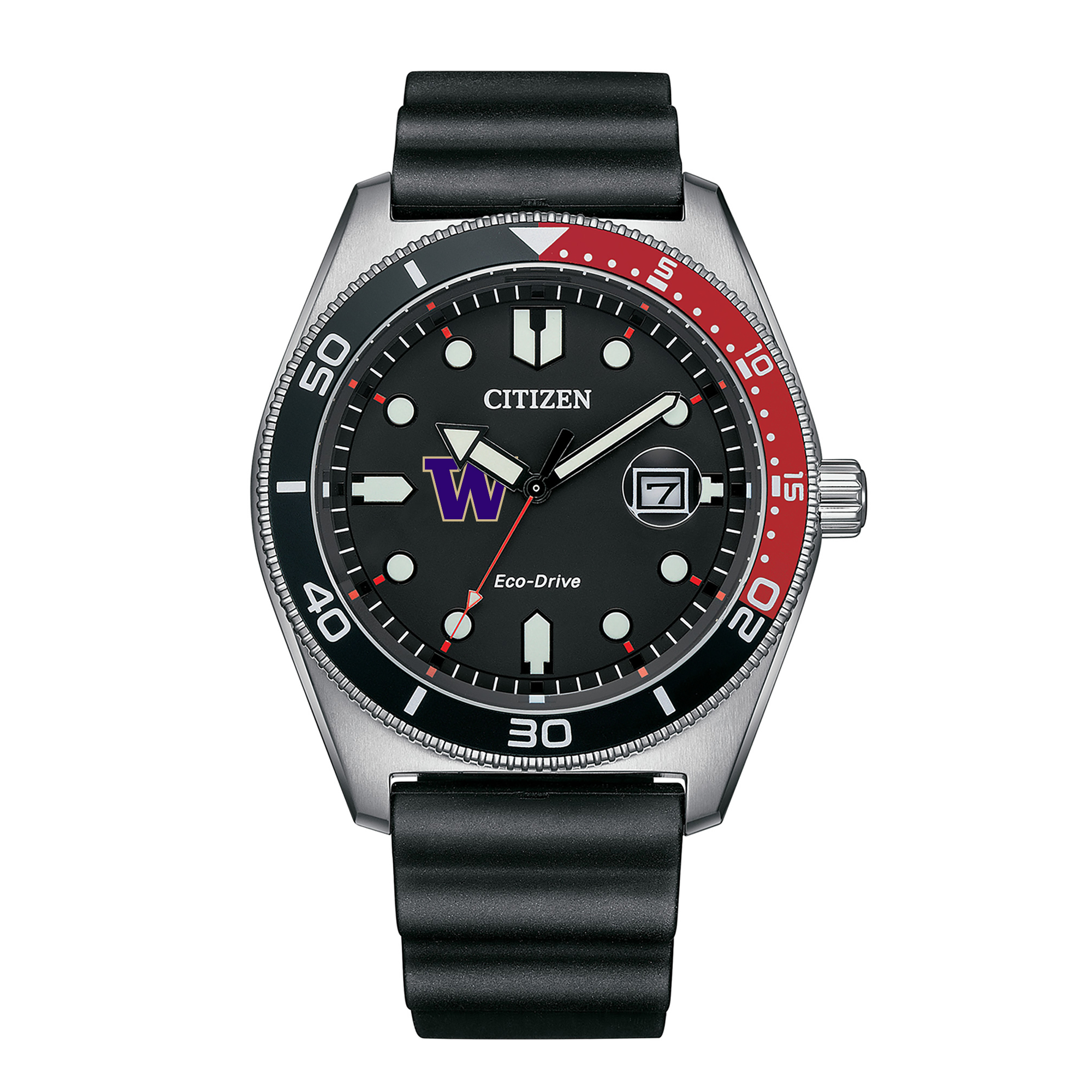 Men's Citizen Watch Black Washington Huskies Eco-Drive Sport Casual Black Dial Watch w/Polyurethane Strap