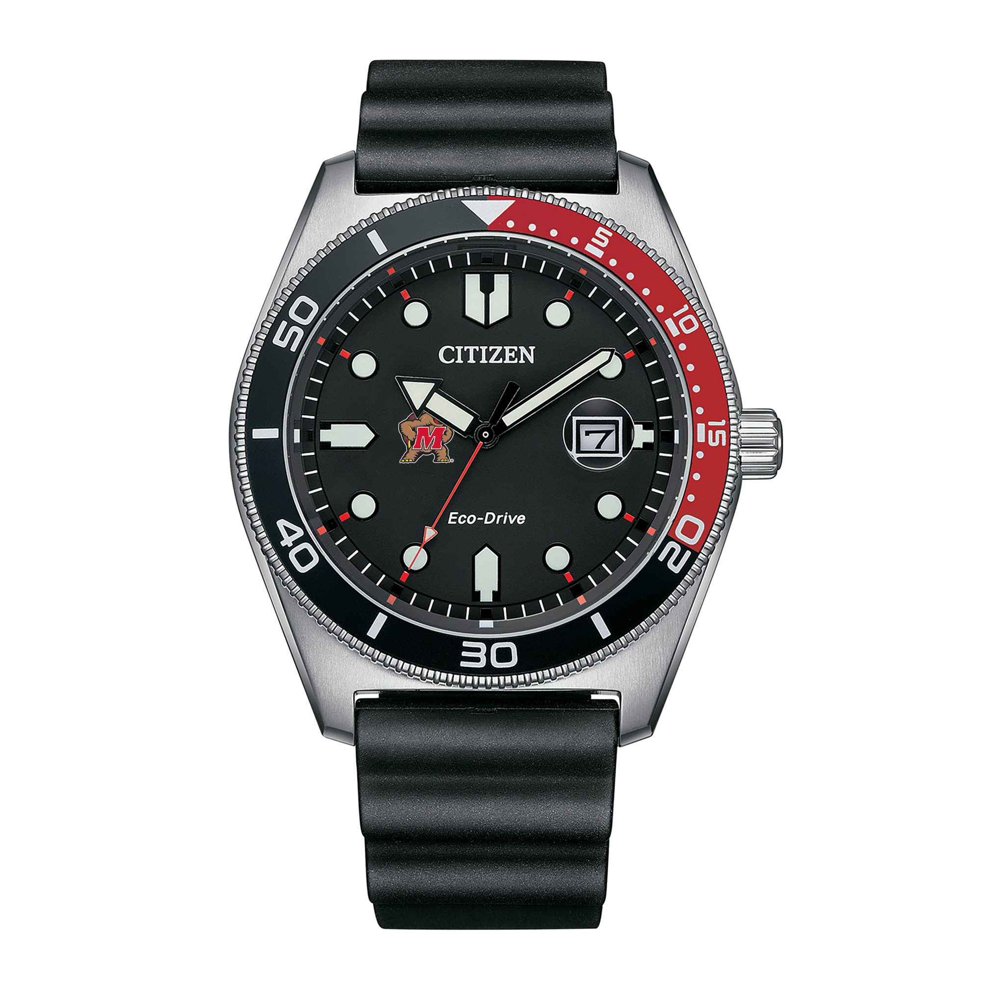 Men's Citizen Watch Black Maryland Terrapins Eco-Drive Sport Casual Black Dial Watch w/Polyurethane Strap