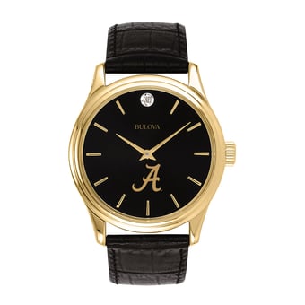 Men's Bulova Gold Alabama Crimson Tide Leather Strap Watch with Diamond Black Dial