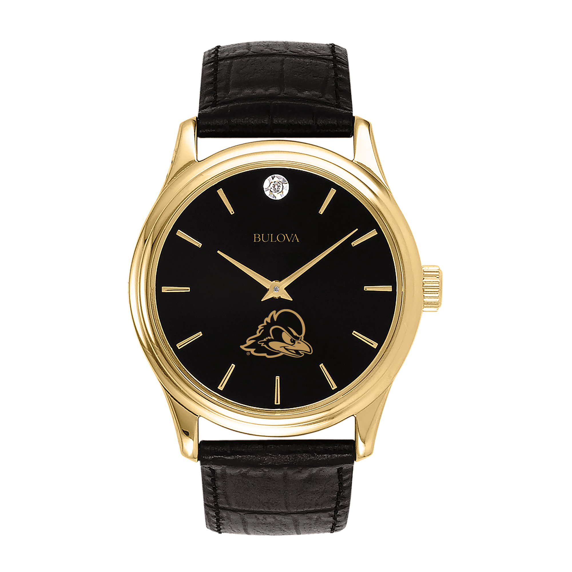 Men's Bulova Gold Delaware Fightin' Blue Hens Leather Strap Watch with Diamond Black Dial