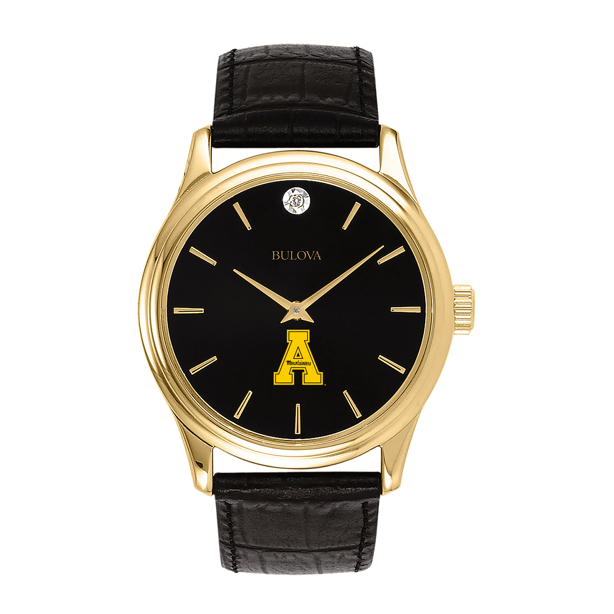 Men's Bulova Gold Appalachian State Mountaineers Leather Strap Watch with Diamond Black Dial