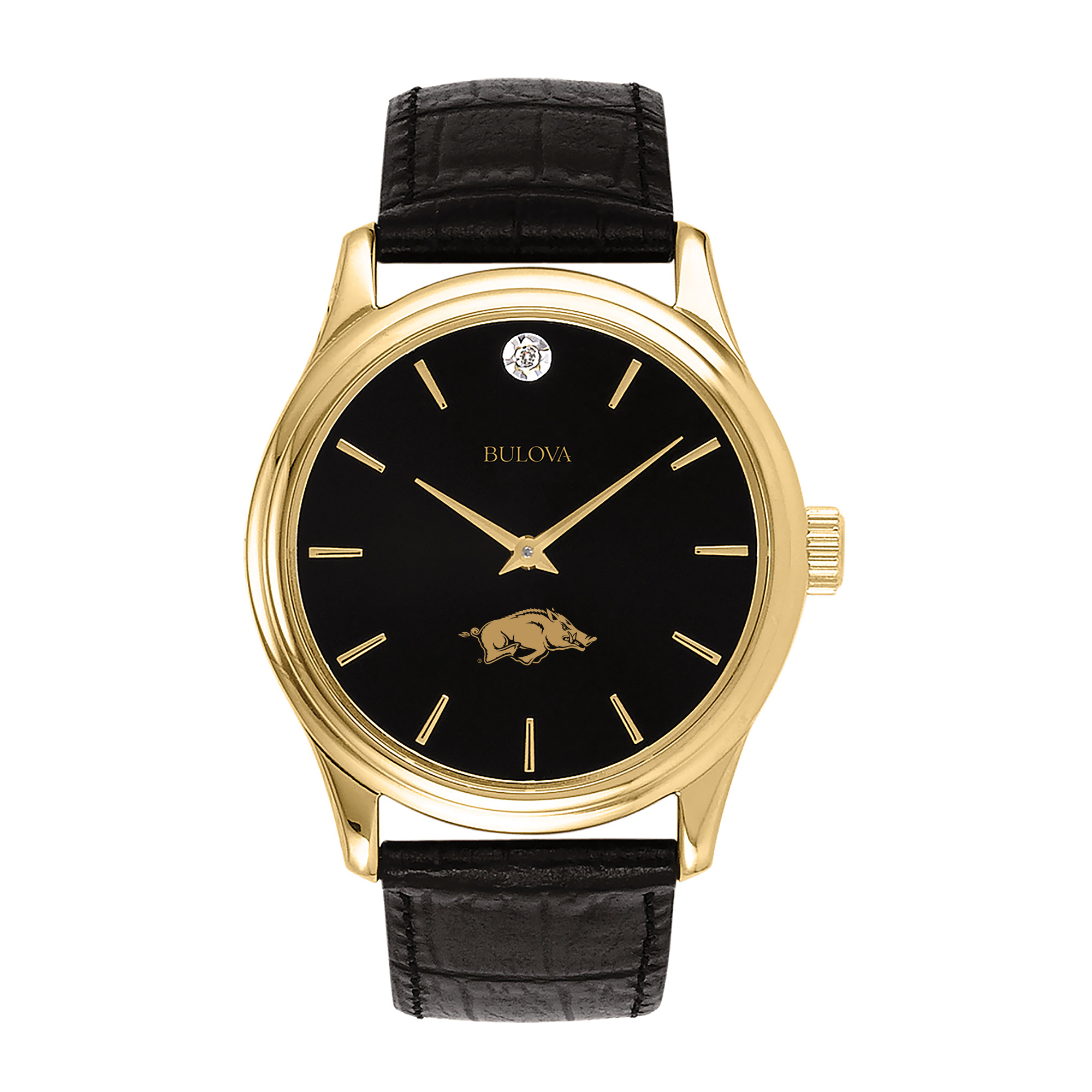 Men's Bulova Gold Arkansas Razorbacks Leather Strap Watch with Diamond Black Dial