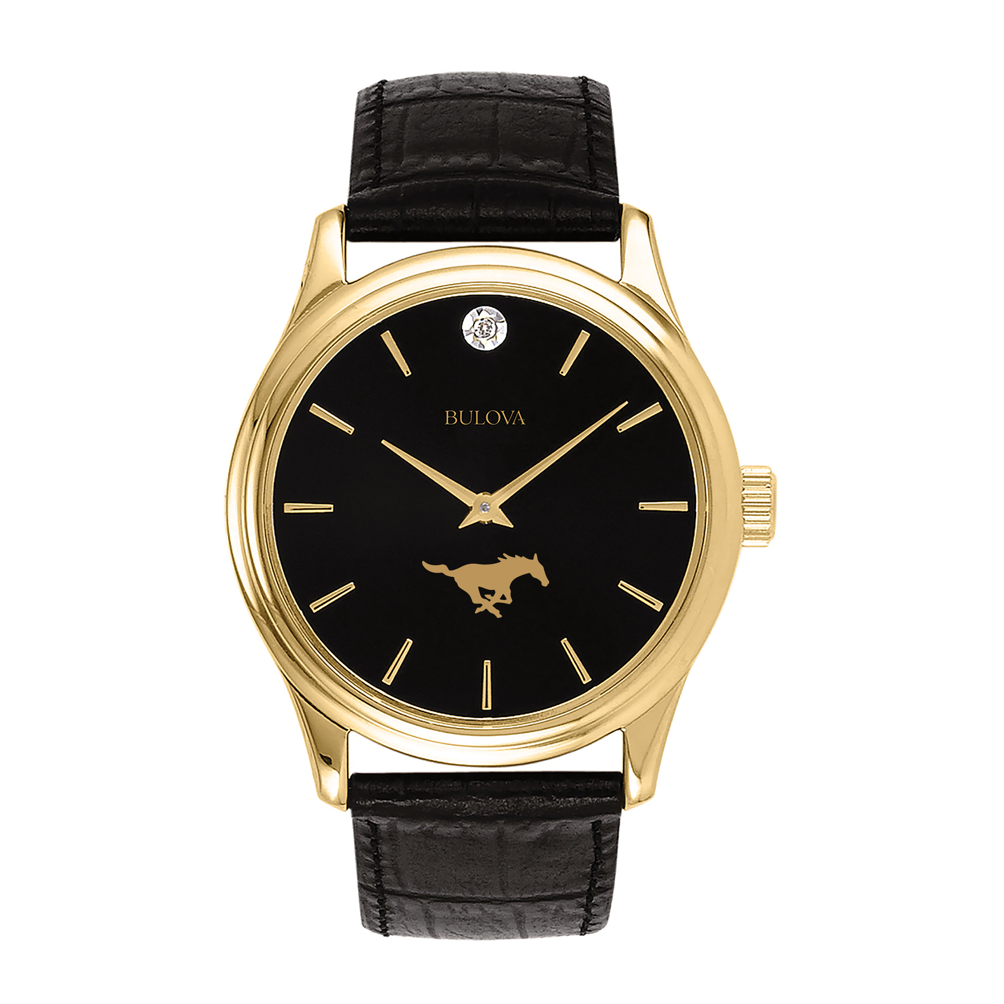 Men's Bulova Gold SMU Mustangs Leather Strap Watch with Diamond Black Dial