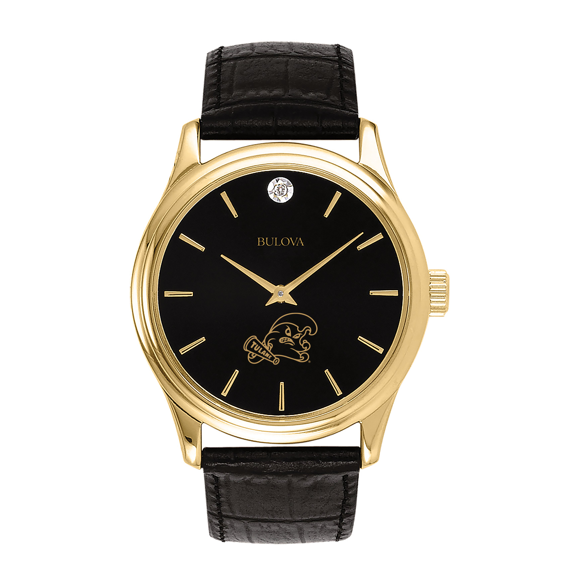 Men's Bulova Gold Tulane Green Wave Leather Strap Watch with Diamond Black Dial
