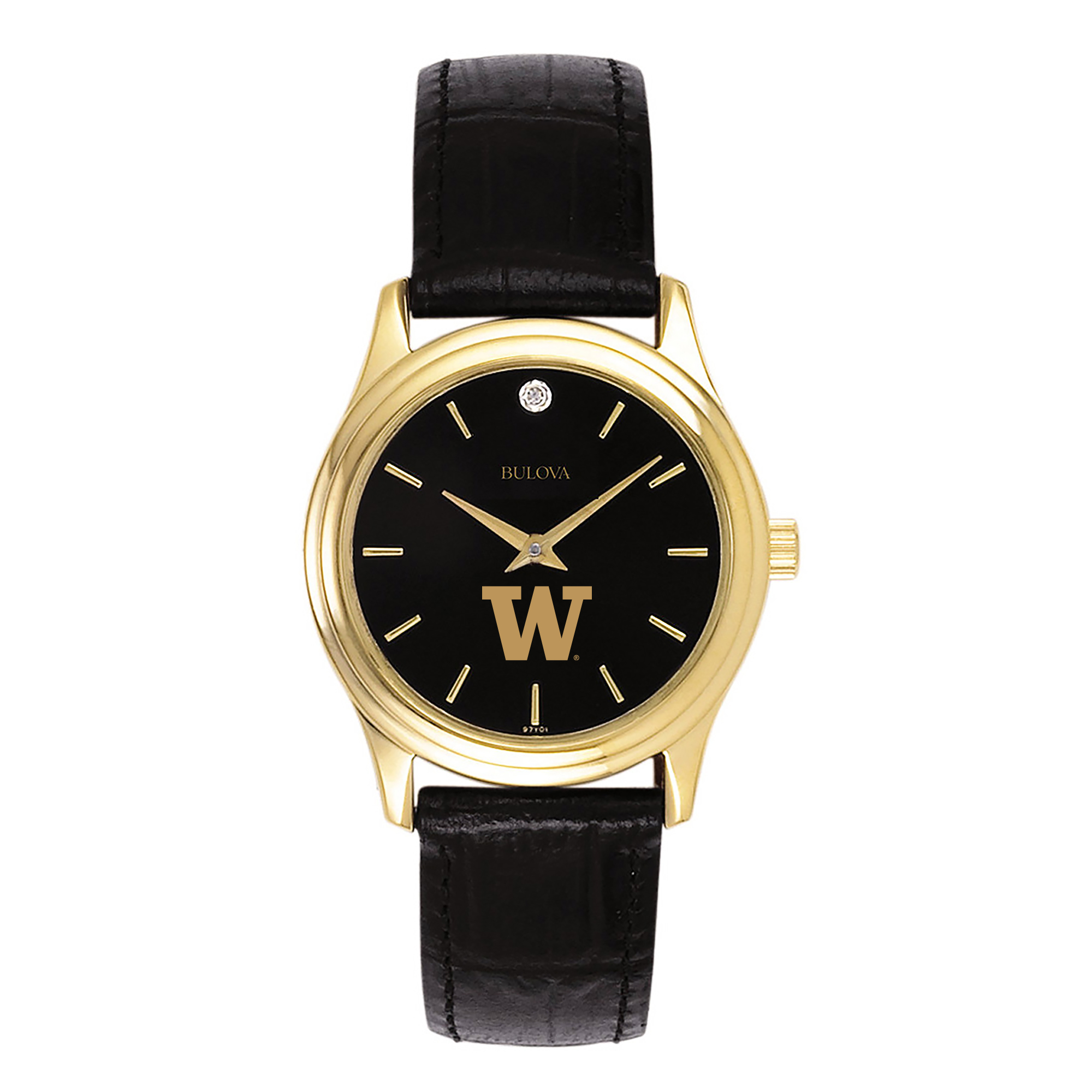 Women's Bulova Gold Washington Huskies Leather Strap Watch with Diamond Black Dial