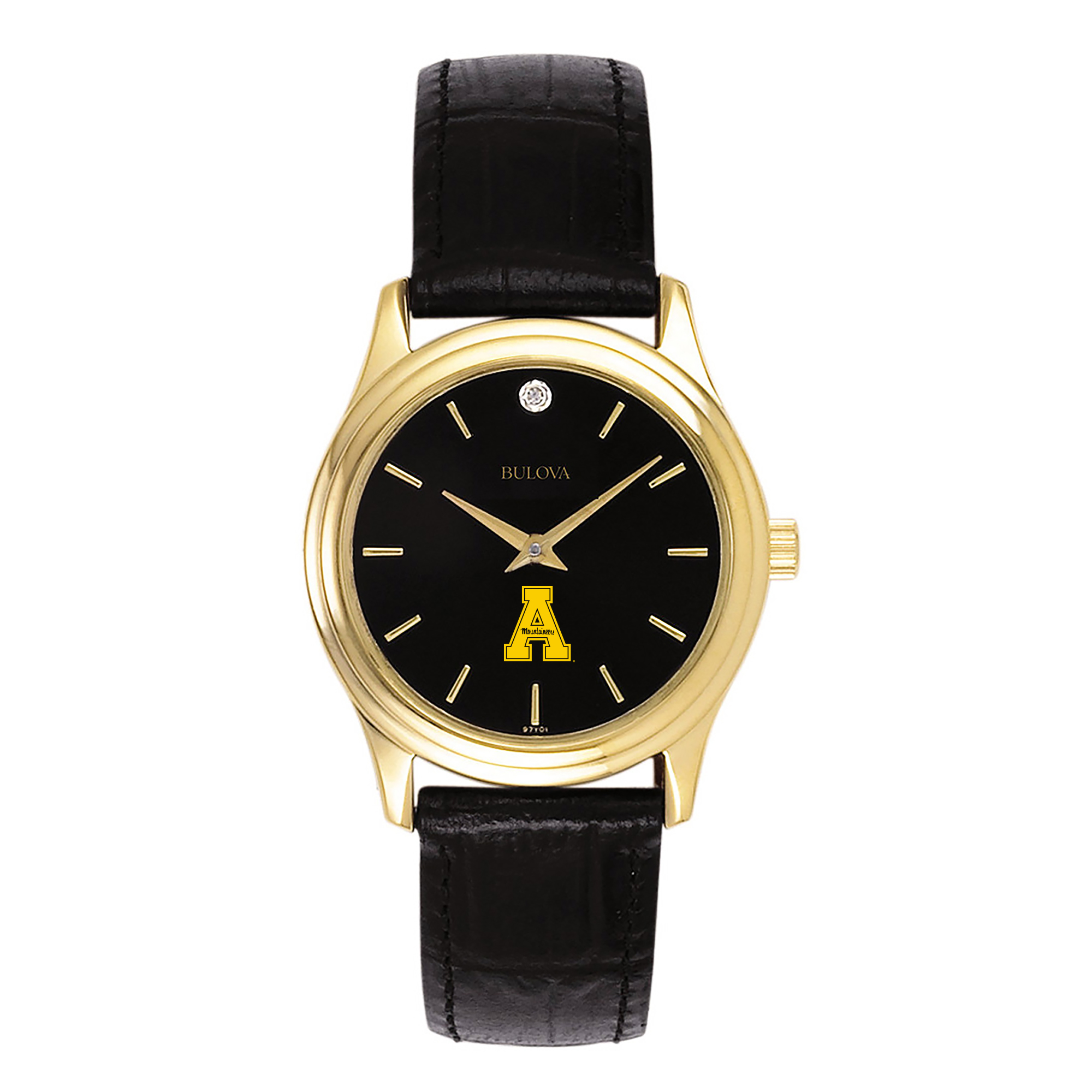 Women's Bulova Gold Appalachian State Mountaineers Leather Strap Watch with Diamond Black Dial