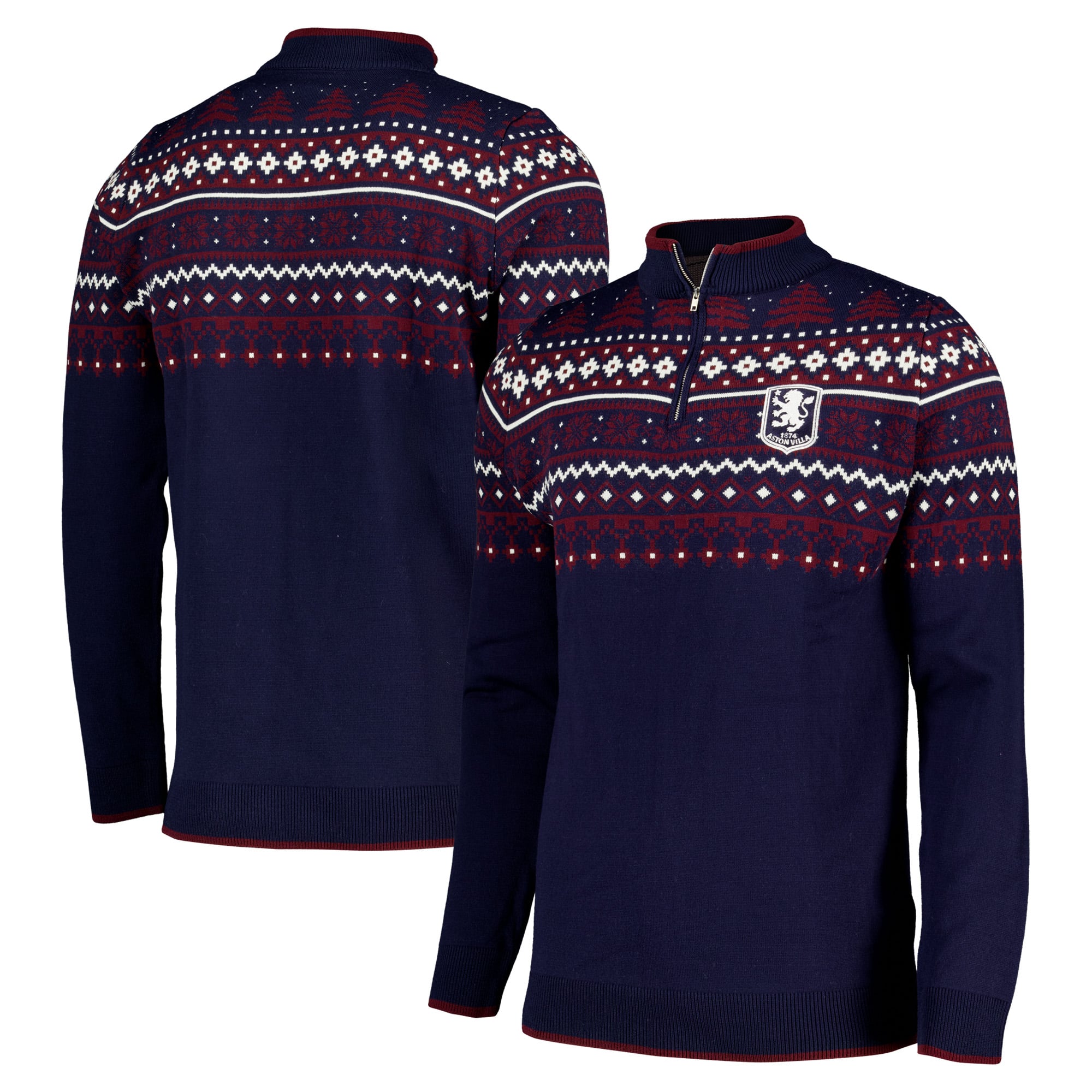 Pull de Noël Aston Villa à fermeture éclair 1/4, motif Fair Isle - Bleu marine - Unisexe