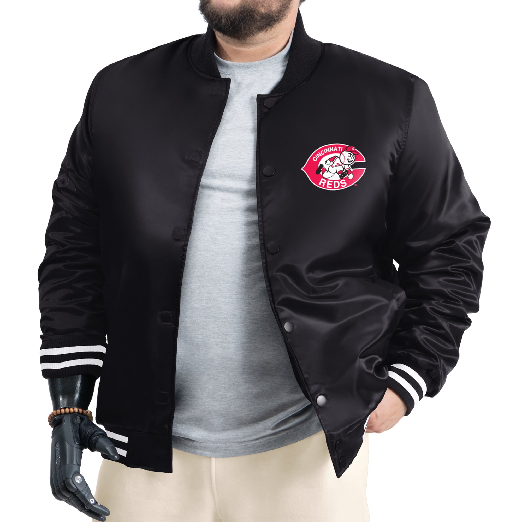 Men's G-III Sports by Carl Banks Black Cincinnati Reds Cooperstown Adaptive Satin Full-Snap Varsity Jacket