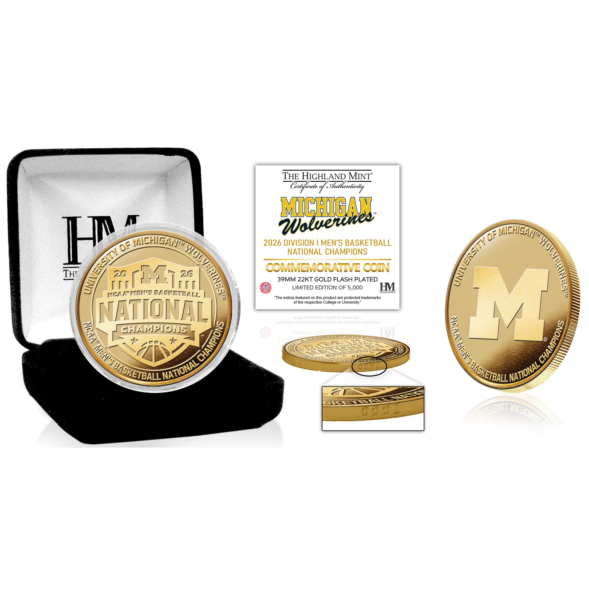 Highland Mint Michigan Wolverines 2026 NCAA Men's Basketball National Champions Gold Plated Coin