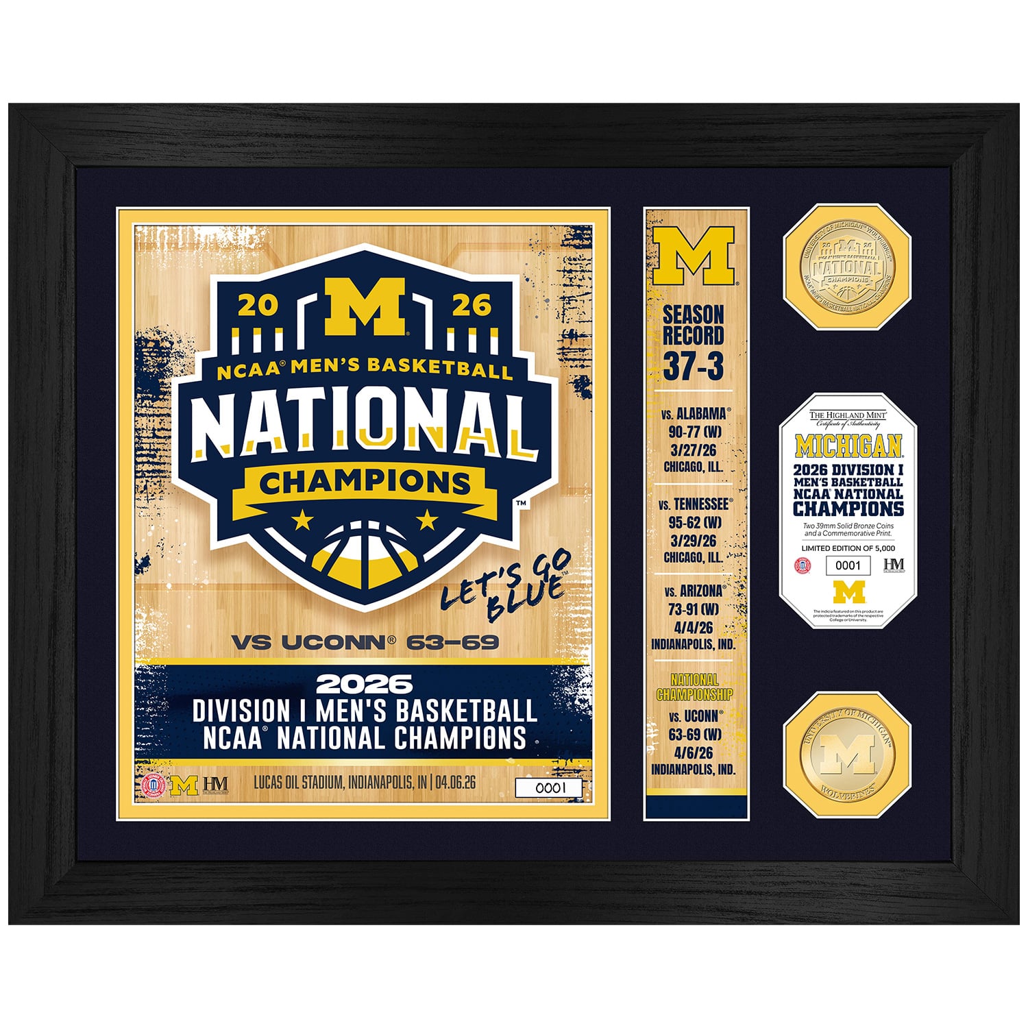 Highland Mint Michigan Wolverines 2026 NCAA Men's Basketball National Champions 15" x 18" Team Force Bronze Two-Coin Photo Mint