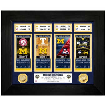 "Highland Mint Michigan Wolverines 2026 NCAA Men's Basketball National Champions 12"" x 15"" Road to the Championship Ticket Collection Photo Mint"