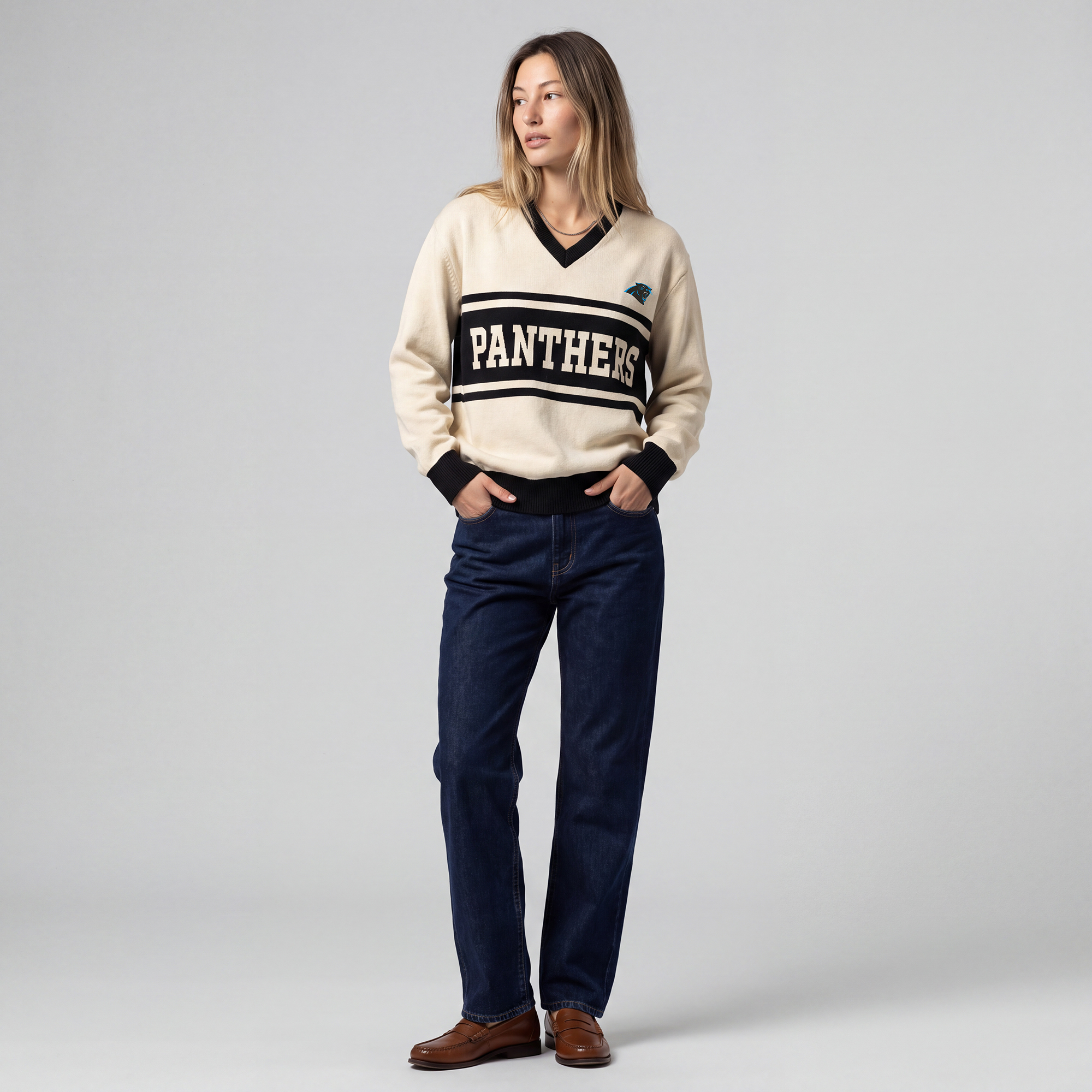 Women's Mitchell & Ness Cream/Black Carolina Panthers Retro Roots V-Neck Sweater