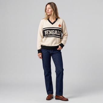 Women's Mitchell & Ness Cream/Black Cincinnati Bengals Retro Roots V-Neck Sweater