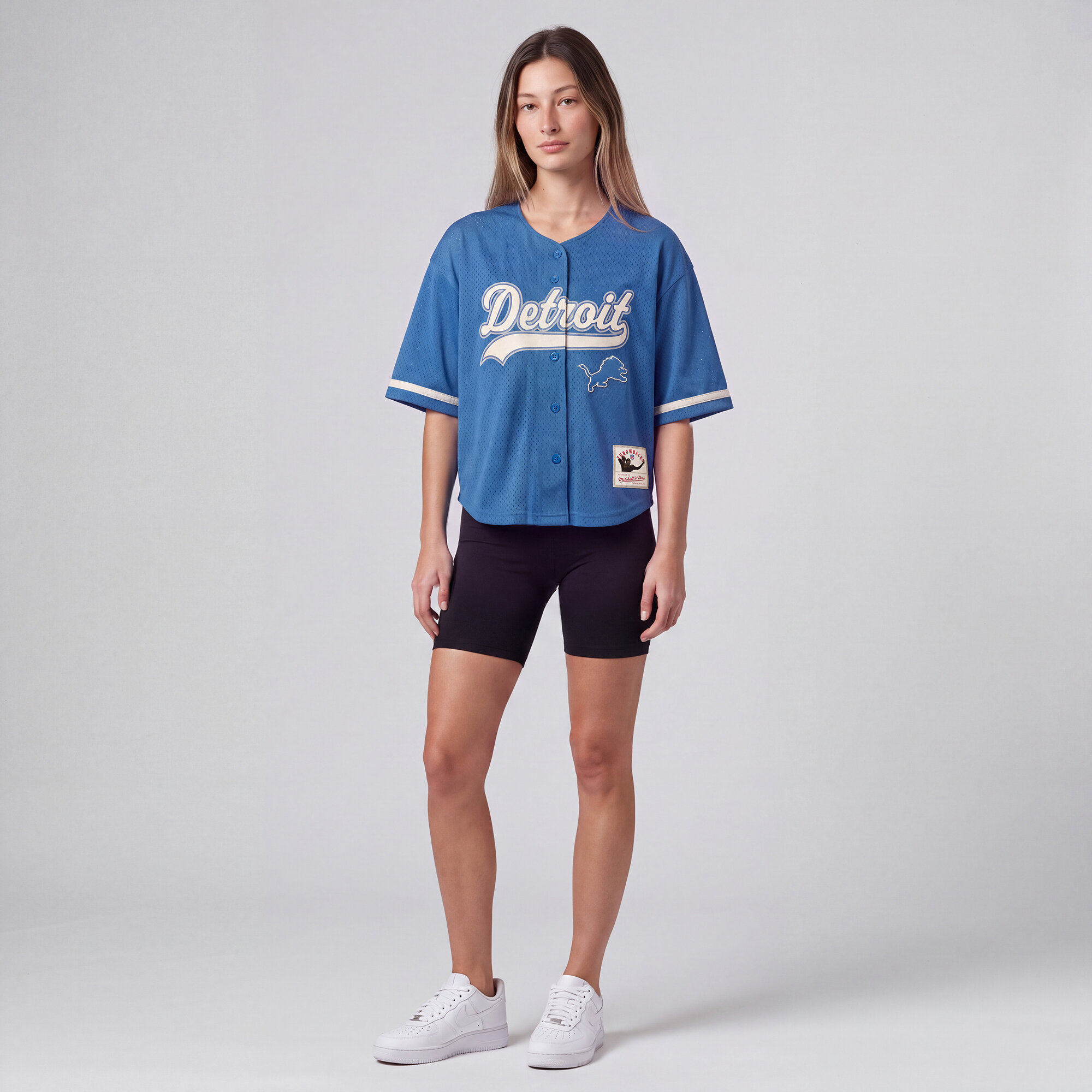 Women's Mitchell & Ness Blue Detroit Lions Retro Roots Baseball Jersey