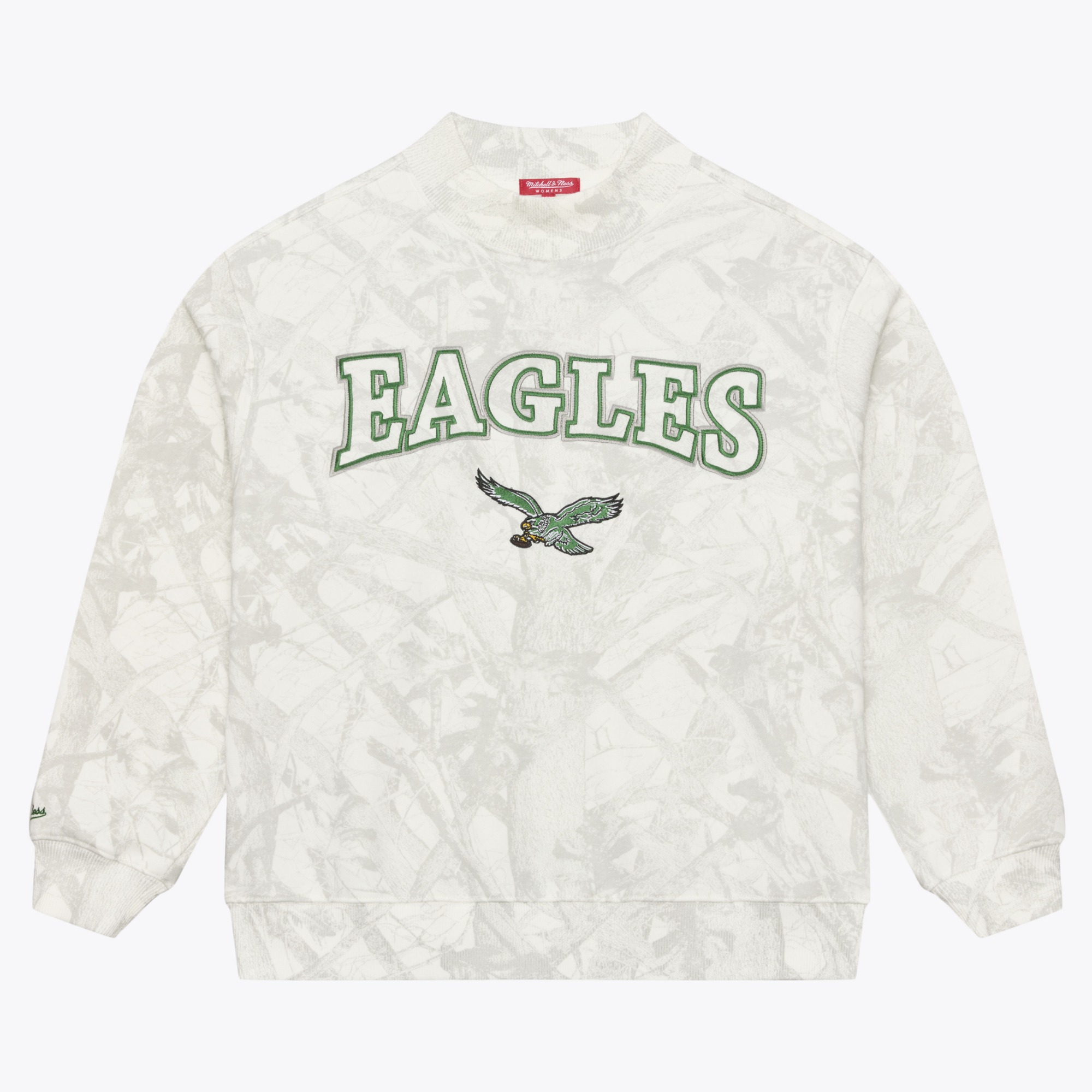 Women's Mitchell & Ness  White Philadelphia Eagles Ghosted Fleece Mockneck Crew Mock Neck Pullover