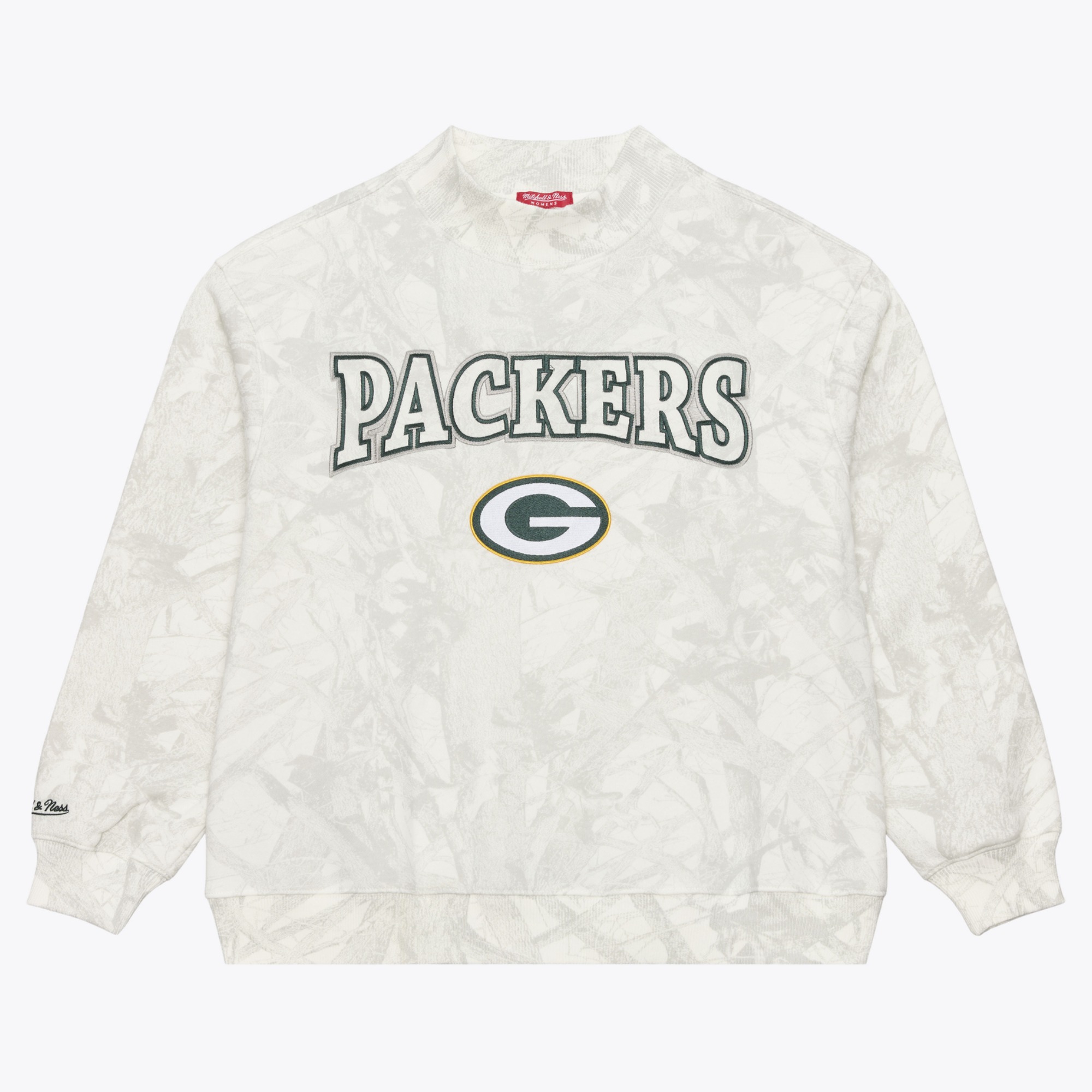 Women's Mitchell & Ness  White Green Bay Packers Ghosted Fleece Mockneck Crew Mock Neck Pullover