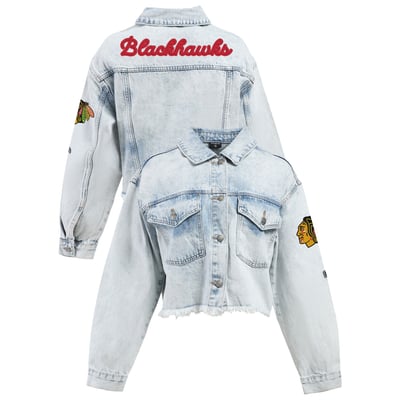 Women's Hype and Vice Denim Chicago Blackhawks Chenille Raw Edge Cropped Full-Button Jean Jacket