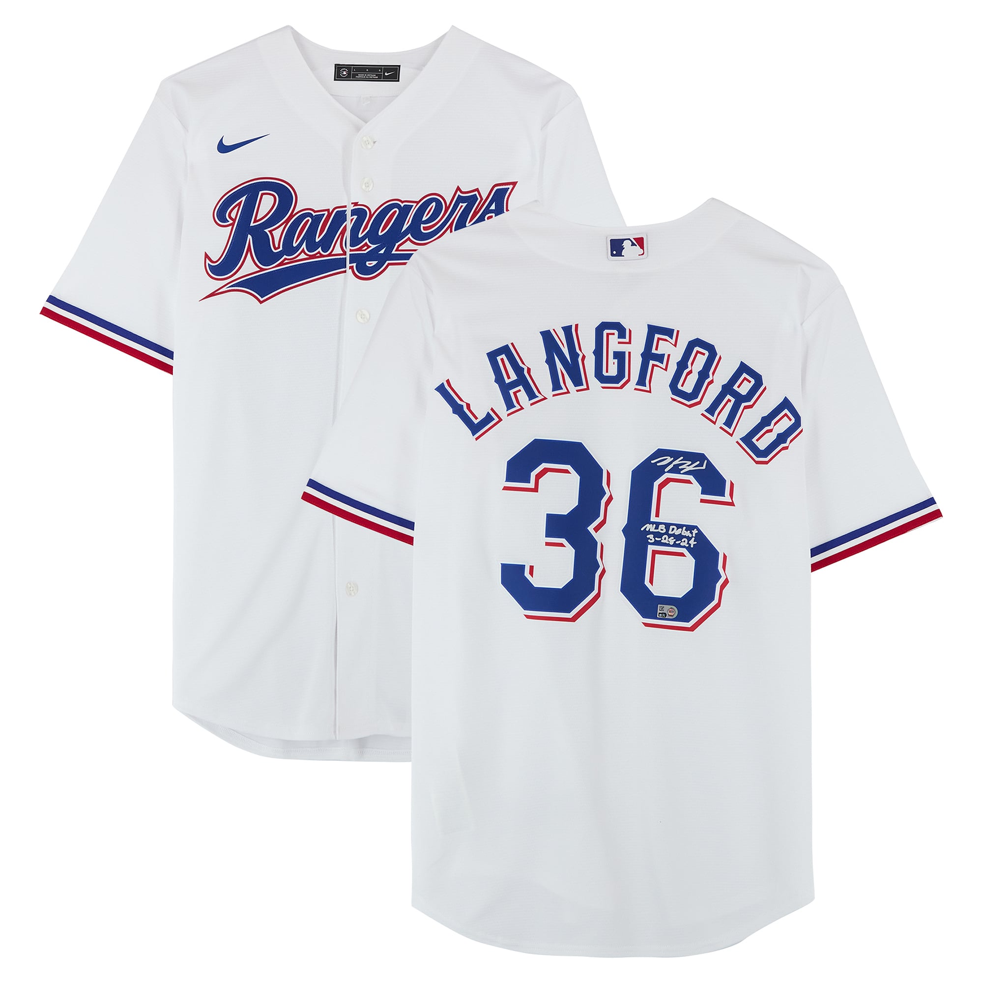 Wyatt Langford Texas Rangers Autographed White Nike Replica Jersey with "MLB Debut 3-28-24" Inscription