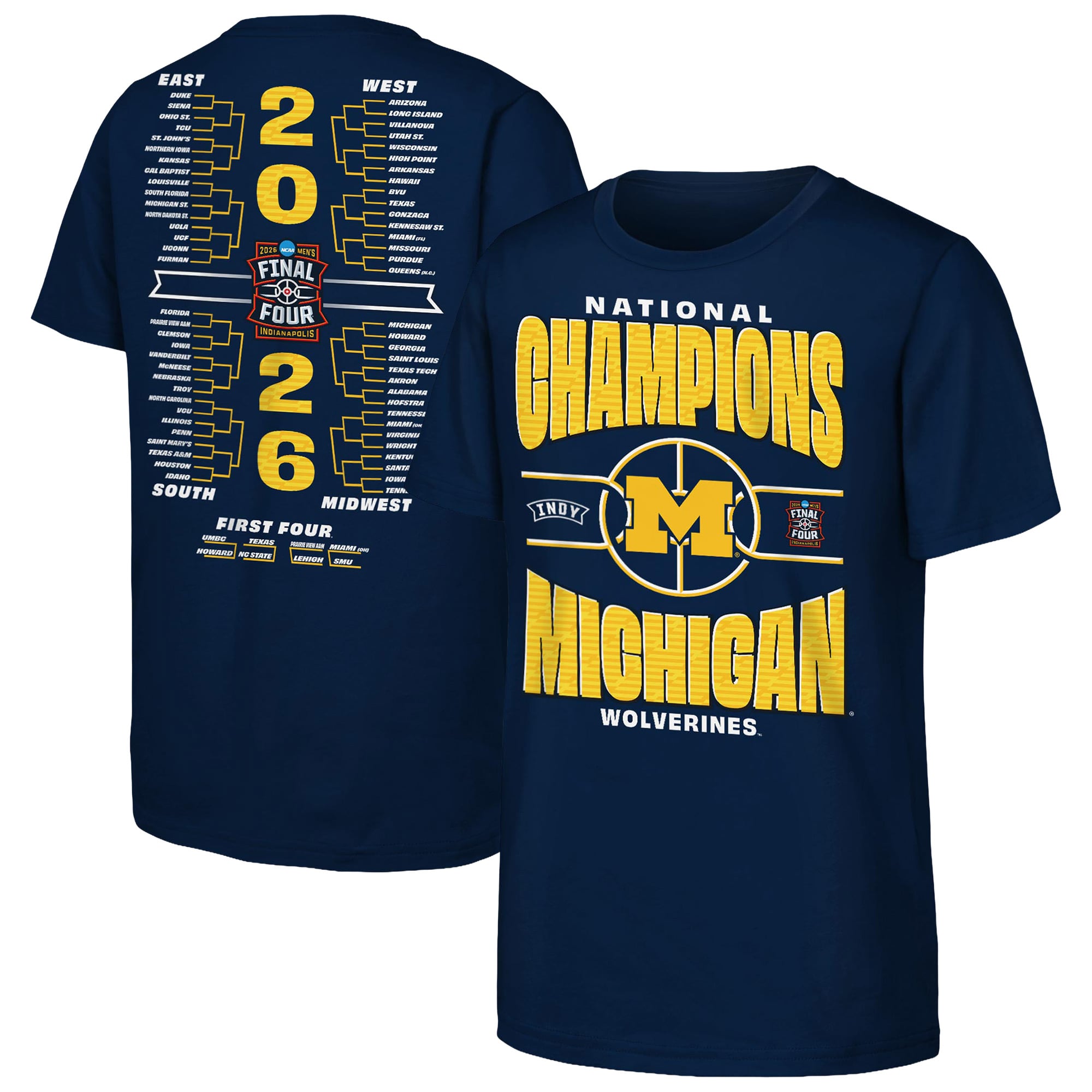 Youth Outerstuff  Navy Michigan Wolverines 2026 NCAA Men's Basketball National Champions Bracket T-Shirt